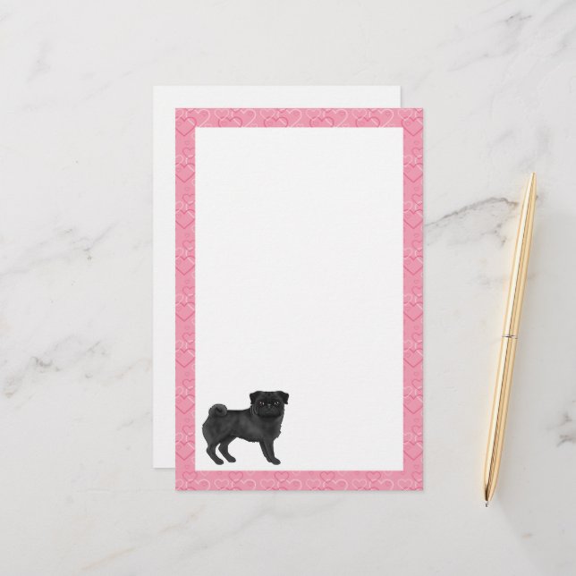 Svart Pug Hund Tecknad Moppar Rosa Kärlek Hjärtmön Brevpapper (Fram/Back In Situ)