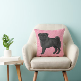 Svart Pug Hund Tecknad Moppar Rosa Kärlek Hjärtmön Kudde