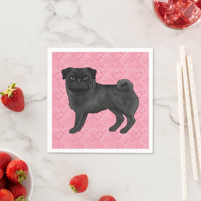 Svart Pug Hund Tecknad Mopsar Kärlek Hjärtan Mönst Pappersservett (Insitu)