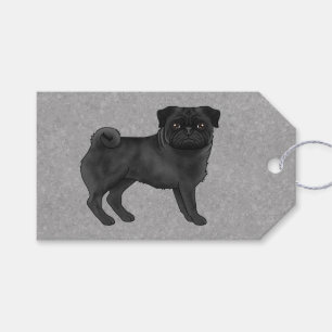 Svart Pug Hundras Söt Tecknad Illustration Grå Presentetikett