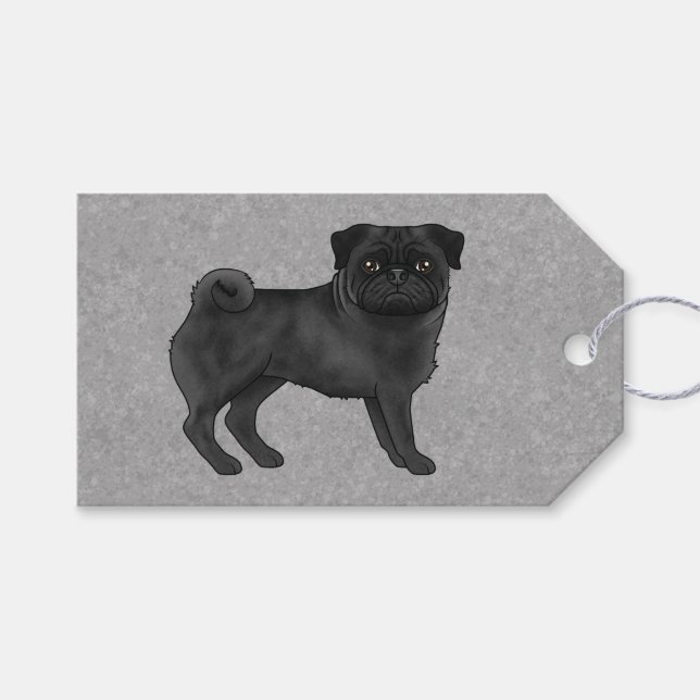 Svart Pug Hundras Söt Tecknad Illustration Grå Presentetikett (Framsidan (Horisontell))