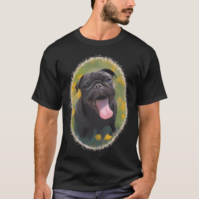 Svart Pug i en våräng T Shirt (Framsida)