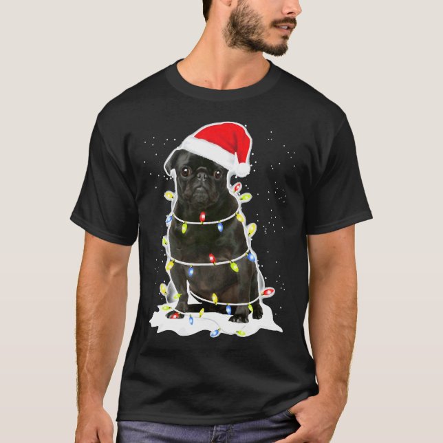 Svart Pug julbelysning 134 T Shirt (Framsida)