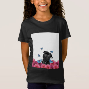 Svart pug med blå fjärilar och Gerberas T Shirt