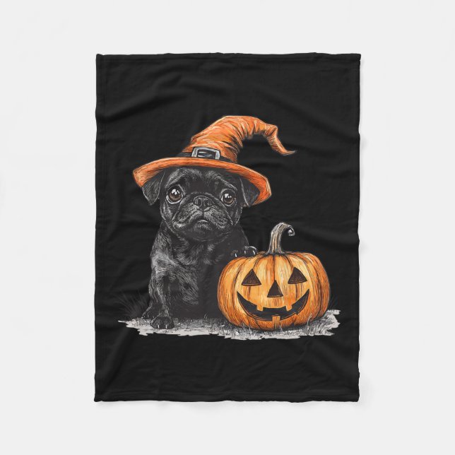 Svart pug med flis och pumpkin Halloween Pug Fleecefilt (Framsidan)