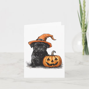 Svart pug med flis och pumpkin Halloween Pug Kort