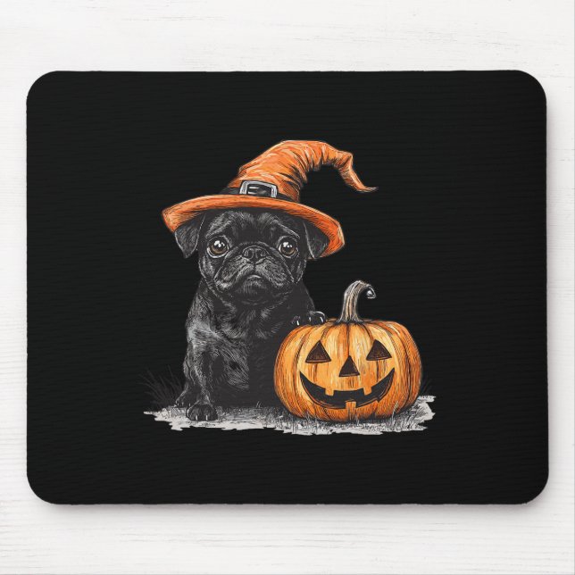Svart pug med flis och pumpkin Halloween Pug Musmatta (Framsidan)