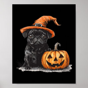 Svart pug med flis och pumpkin Halloween Pug Poster