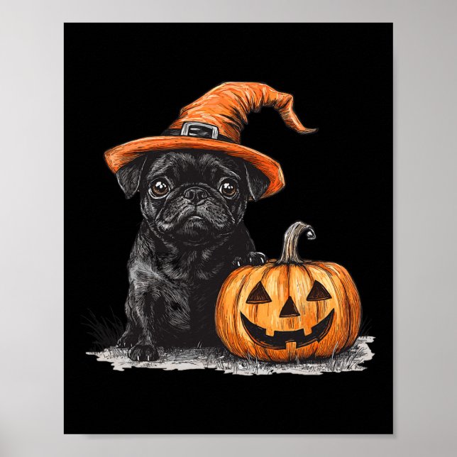 Svart pug med flis och pumpkin Halloween Pug Poster (Framsidan)