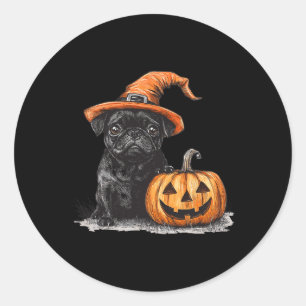 Svart pug med flis och pumpkin Halloween Pug Runt Klistermärke
