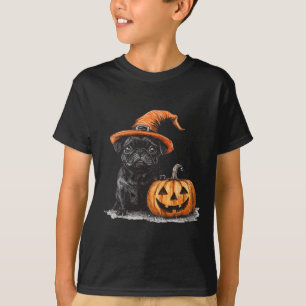 Svart pug med flis och pumpkin Halloween Pug T Shirt