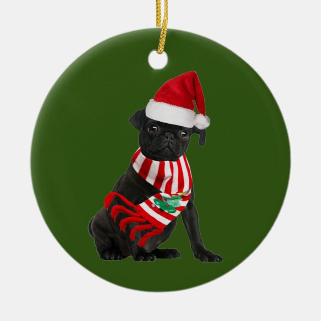 Svart pug med hög jultomte julgransprydnad keramik (Framsidan)