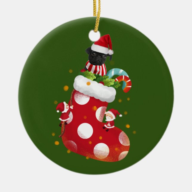 Svart pug med sockel julgransprydnad keramik (Framsidan)