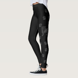Svart Pug Moppar Hundrasdesign Med Grå Tassar Leggings
