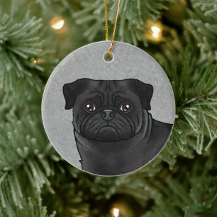 Svart Pug Mops Hundras Design Söt Hundhuvud Grå Julgransprydnad Keramik