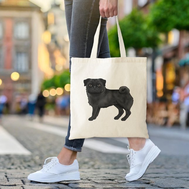 Svart Pug Mops Hundras Design Söt Illustration Tygkasse (Please note: This image is a digital mockup. The product may not be in scale.)