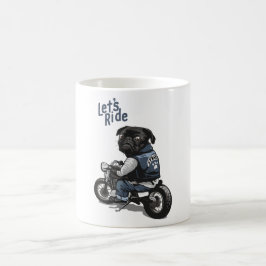Svart pug på motorcykelns tecknad kaffemugg