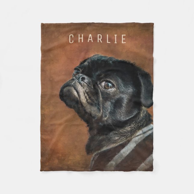 Svart Pug-Personlig Fleecefilt (Framsidan)