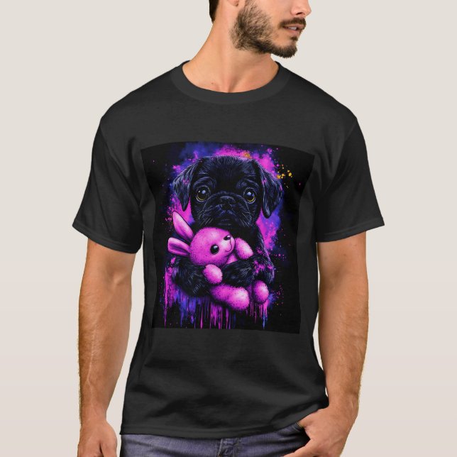 Svart Pug Plysch Kärlek T Shirt (Framsida)