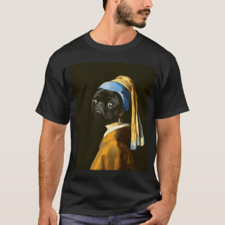 Svart Pug Porträtt Flicka med en pärlörhänge - Jan T Shirt
