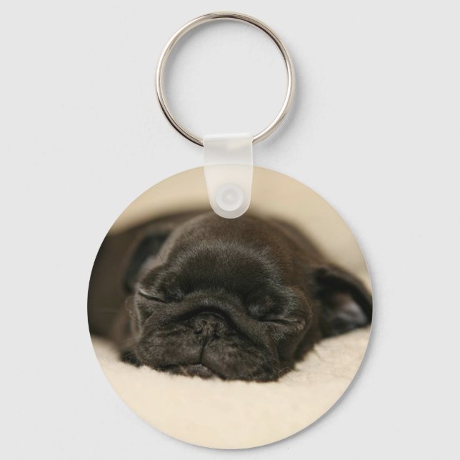 Svart pug Puppy Sleeping Nyckelring (Framsida)