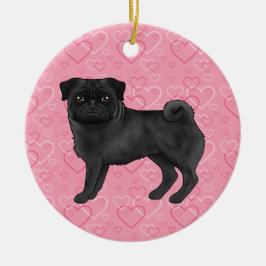 Svart Pug Söt Gubbe På Rosa Hjärtan Husdjur Minnes Julgransprydnad Keramik