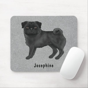Svart Pug Söt Tecknad Hund Med Anpassat Namn Grå Musmatta