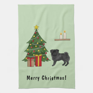 Svart Pug Söt Tecknad Hund Med Ett Julträd Kökshandduk