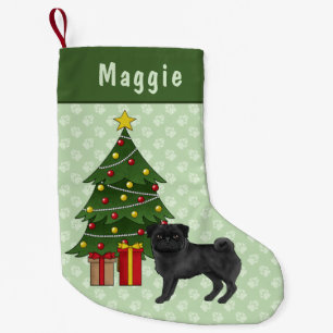Svart Pug Söt Tecknad Hund Med Ett Julträd Liten Julstrumpa