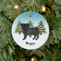Svart Pug Söt Tecknad Hund Snöig Vinter Skog