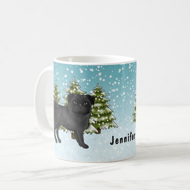 Svart Pug Söt Tecknad Hund Snöig Vinter Skog Kaffemugg (Framsida vänster)