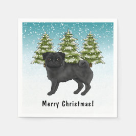 Svart Pug Söt Tecknad Hund Snöig Vinter Skog Pappersservett