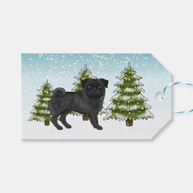 Svart Pug Söt Tecknad Hund Snöig Vinter Skog Presentetikett (Framsidan (Horisontell))