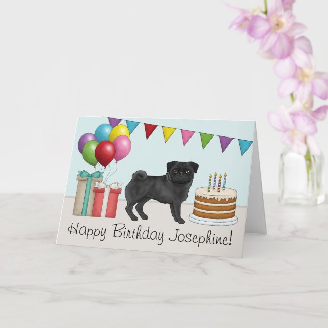 Svart Pug Sött Tecknat Hund Färgstark Glad Födelse Kort (Orkide)