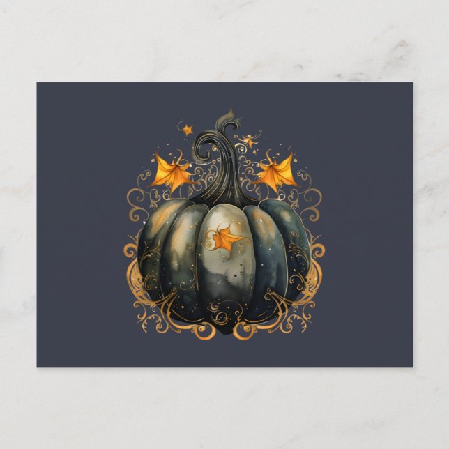 Svart pumpa guld scrollverk löv Halloween Helg Vykort (Framsida)