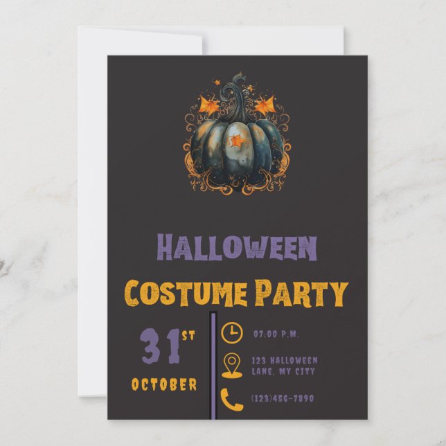 Svart pumpa guldblad modern svart Halloween Inbjudningar (Framsida)
