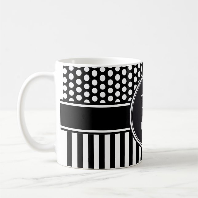 Svart punkter och Rand Rrid + backgr. & text Kaffemugg (Vänster)