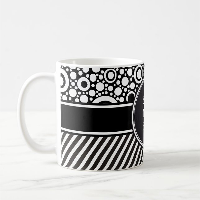 Svart punkter och Rand Rrid + backgr. & text Kaffemugg (Vänster)