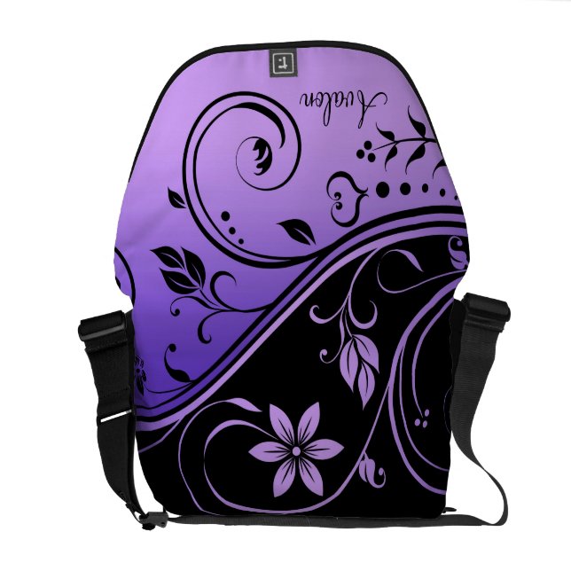 Svart & purpurfärgad blom- rullamessenger bag messenger bag (Öppen Baksida)