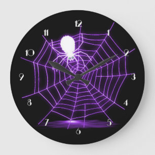 Svart & purpurfärgad Halloween spindelnät Stor Klocka
