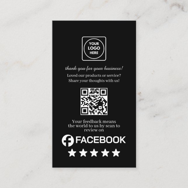 Svart QR | Facebook Recensioner Anpassad Betygslän Visitkort (Framsida)