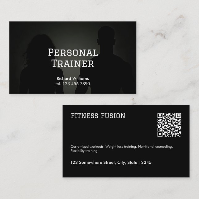 Svart QR Fitness Personal Trainer Visitkort (Fram/baksida)