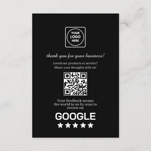 Svart QR | Google Recension & Betyg Länk Tilläggskort (Framsida)