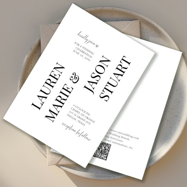 Svart QR-kod Bröllop med enkel minimalistisk typog Inbjudningar (Skapare uppladdad)