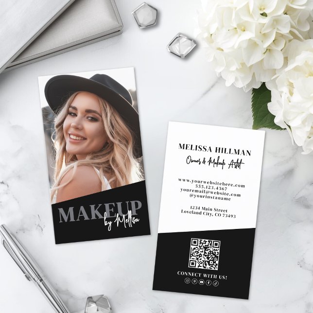 Svart QR-kod Foto Makeup Vertikal Visitkort (Black QR Code Photo Makeup Vertical Business Card )