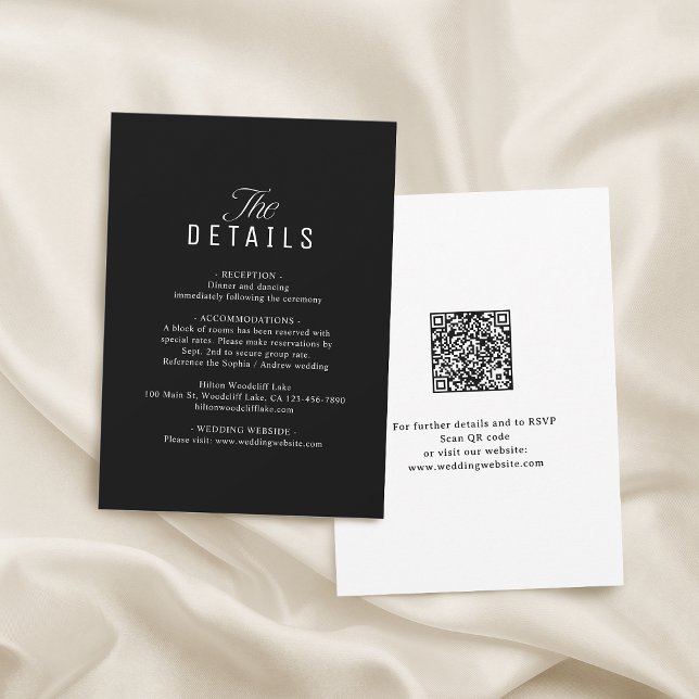 Svart QR-kod Klassiga Bröllopsdetaljer Anteckningskort (Black QR Code Classy Wedding Details Note Card)
