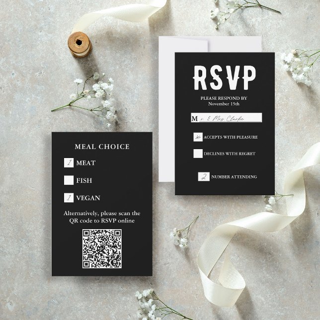 Svart QR-kod Målval Bröllop OSA Kort (Black QR Code Meal Choice Wedding RSVP Card
)