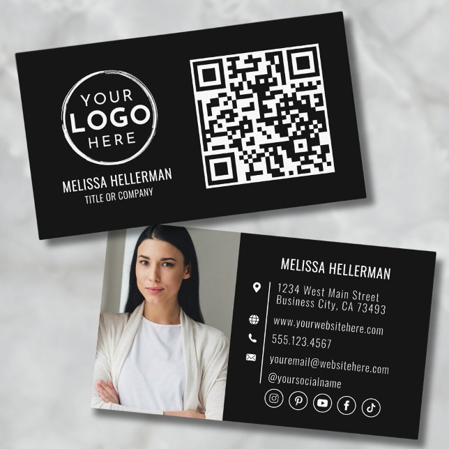 Svart QR-kod Modern Professionell Foto Din Logotyp Visitkort (Black QR Code Modern Professional Photo Your Logo Business Card)