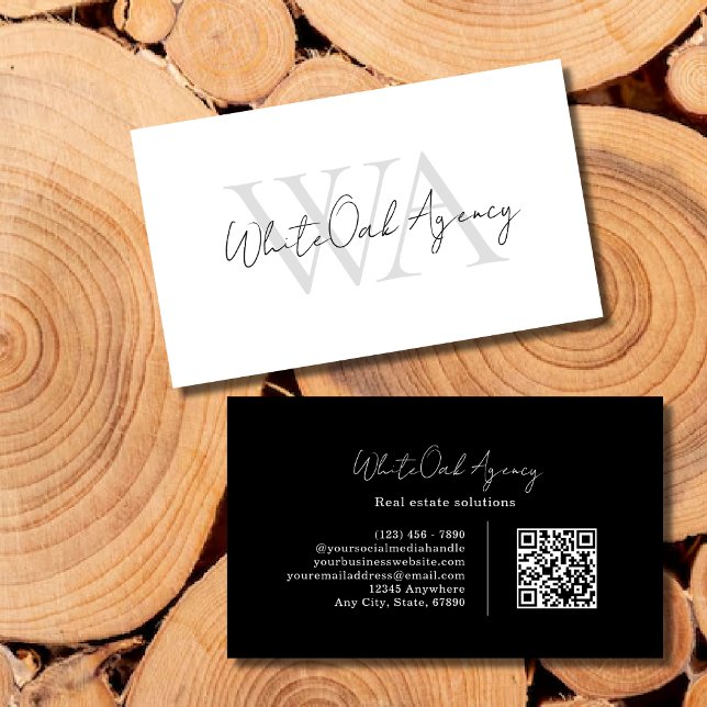 Svart QR-kod Modernt kalligrafiskript Monogram Visitkort (Skapare uppladdad)