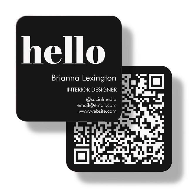 Svart | QR-kod Social Media Hej Fyrkantigt Visitkort (Skapare uppladdad)